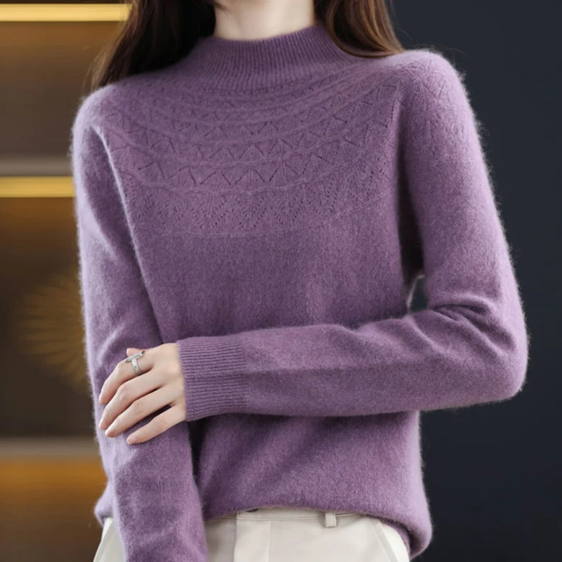 All Match Long Sleeve Knitting Sweater for Women Half High Collar Hollow Out Basic Jumper Woman Autumn Winter Soft Warm Sweaters