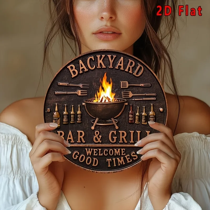 2D Flat, Vintage BBQ Metal Sign for Backyard Bar & Grill - Rustic Round Wall Art with Grilling Tools & Beer Bottles Design, 7.8