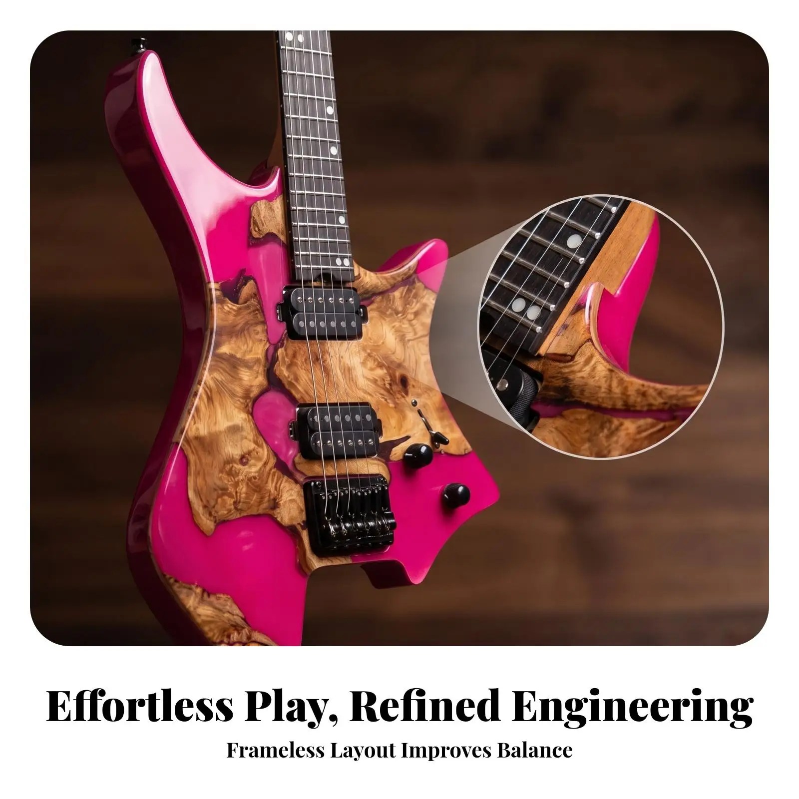 Stylish Headless Guitar with Burl Effect Overlay Rose Red Color Wood Neck for Rehearsals Studio Recording and Live Acts