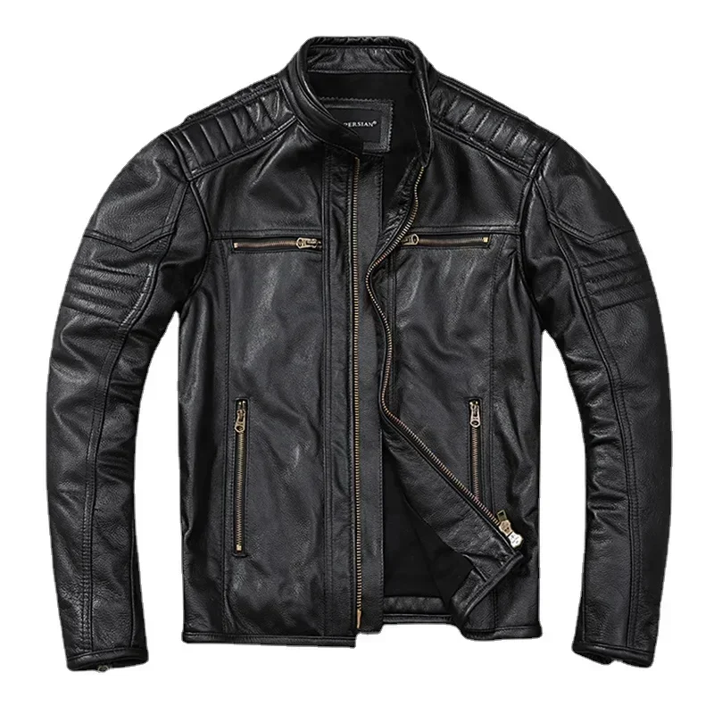 Classical Men Genuine Leather Motorcycle Jackets 100%Top Layer Cowhide Black Biker Coat Spring Autumn Calfskin Jacket