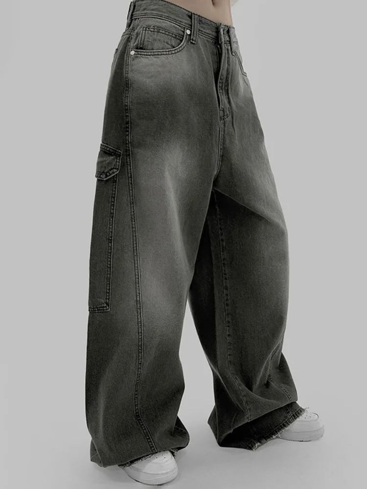 Vrouwen Vintage Zakken Baggy Cargo Jeans Y2k Streetwear Harajuku Hoge Taille Wijde Pijpen Broek Denim Broek Alt Kleding Donkergrijs