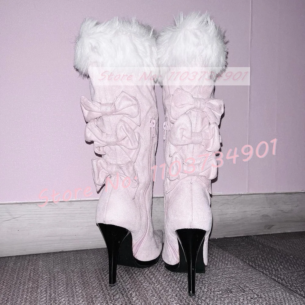 Back Bowknots White Flock Knee High Boots Women Lovely Fur Wrap Pointed Toe Butterfly Shoes Girls Novelty Pink Lolita Long Boots