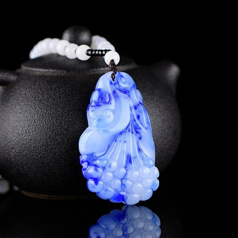 Natural Blue and White Jade Hand-carved Orchid Pendant Fashion Boutique Jewelry Men and Women Necklace Gift Accessories