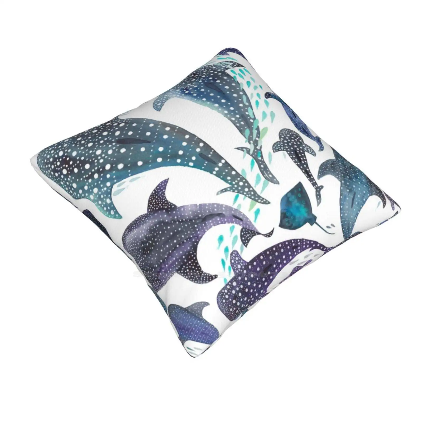 Whale Shark , Ray & Sea Creature Play Print Funny Cute Decor Square Pillowcase Watercolor Whale Shark Stingray Jellyfish Under