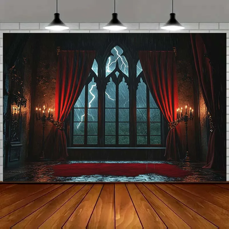 Gothic-Fenster für eine Person, blitzrote Vorhänge, Fotohintergrund aus Polyester, Halloween-Dekoration, Partyhintergrund