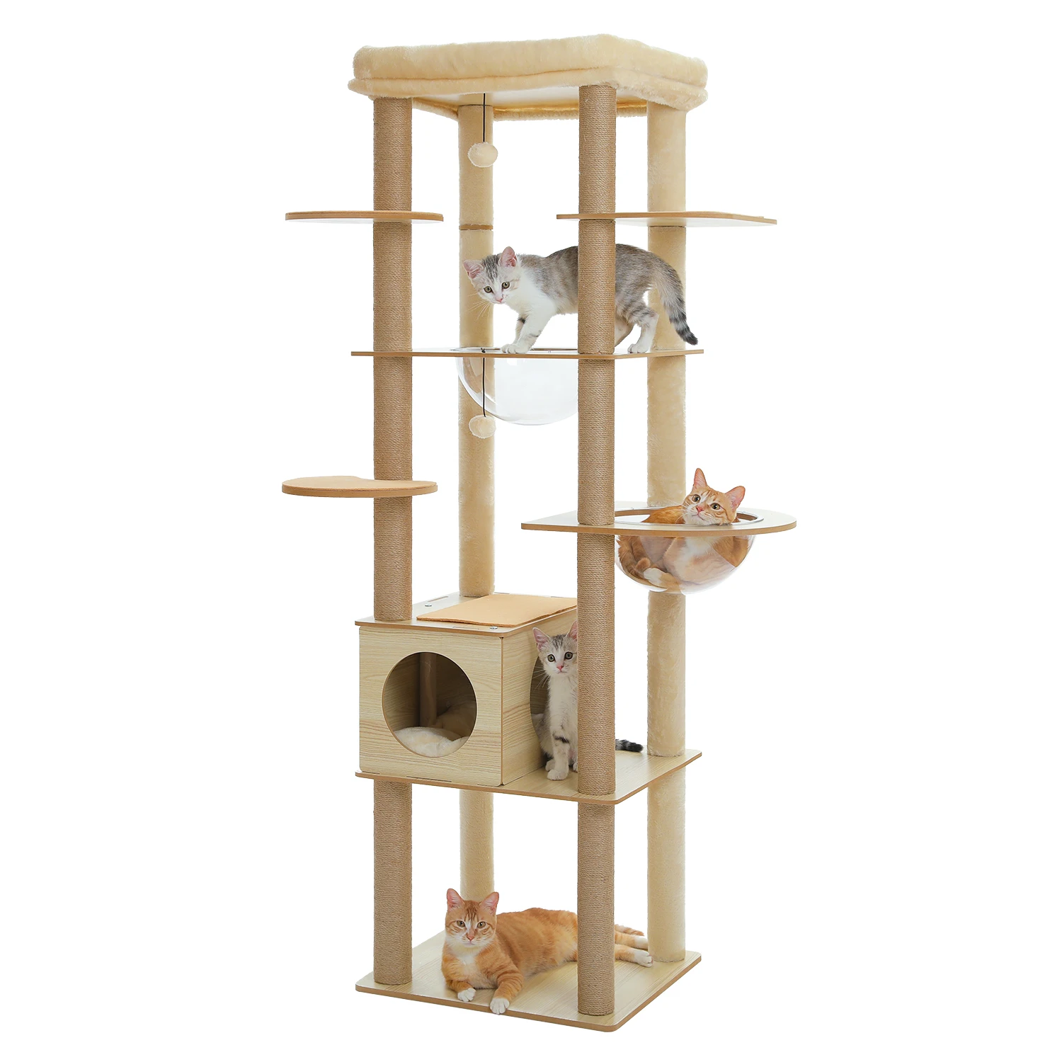 Grote kattenboom met 2 acryl hangmatten, hoge houten kattentoren met krabpalen & ruime bovenste zitplaats, multi-level binnenkatten speelgoed - afbeelding 2