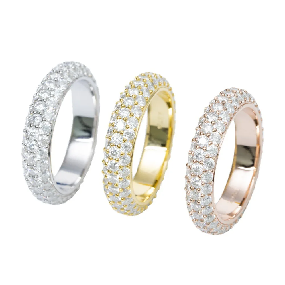 European and American hip-hop S925 silver inlaid VVS three row circular moissani ring for men and women Instagram fashion trend