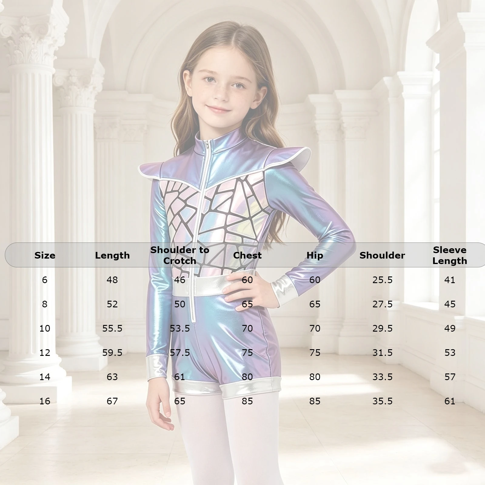 New Kids Girls Glittery Sequin Metallic Alien Bodysuit Stand Collar Shoulder Boards Front Zipper Thigh Length Jumpsuit Unitard