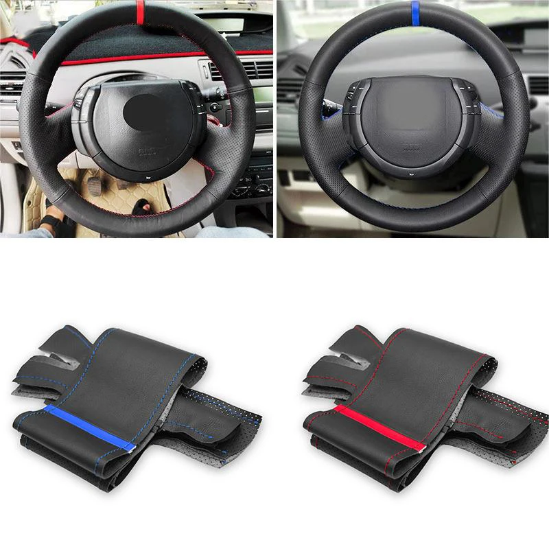 For Citroen Triumph Old C4 C-quatre Car Interior Steering Wheel Cover Hand Braid Perforated Leather Trim w/Needles & Thread Kits