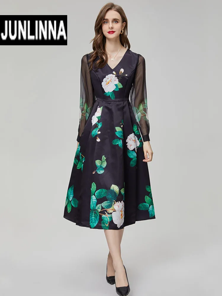 

JUNLINNA Fashion Party Vacation Dress V Neck Chiffon Sleeve Patchwork Flower Printing Vestidos Sweets Lady