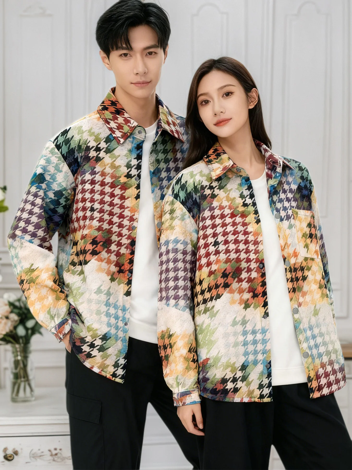 

Houndstooth Gradient Lapel Long-Sleeve Shirt, Unisex, Spring and Autumn, Korean Fashion, Trendy Cool Casual Jacket