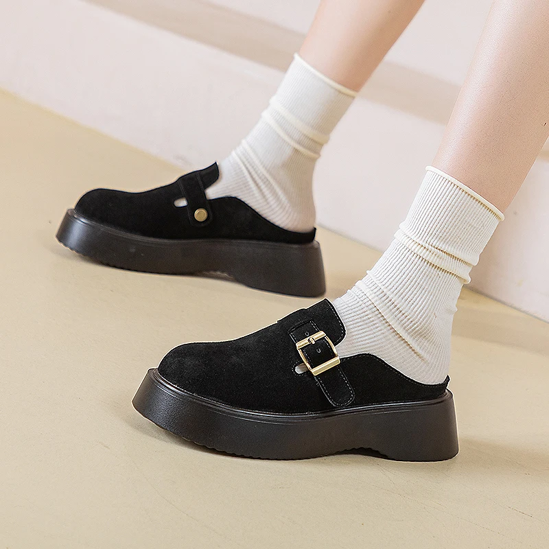 Boken Shoes Women's Anti slip 2024 New Genuine Leather Women's Slippers Thick Sole External Wearing Half Slippers Women's