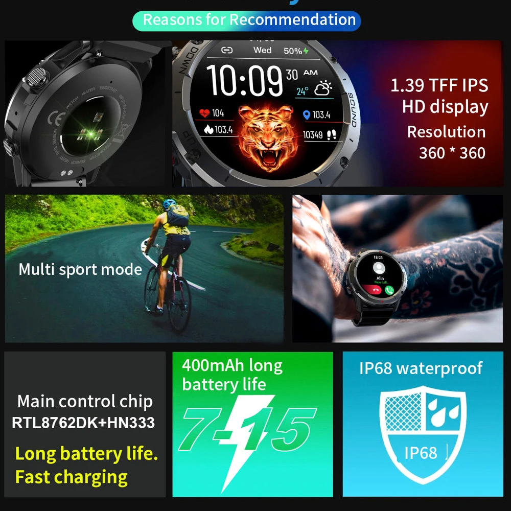 Blue Tooth Call Smart Watch Men Sports Smartwatch Fitness Sleep Heart Rate Monitor Waterproof 400mah Music AI Voice Assistant