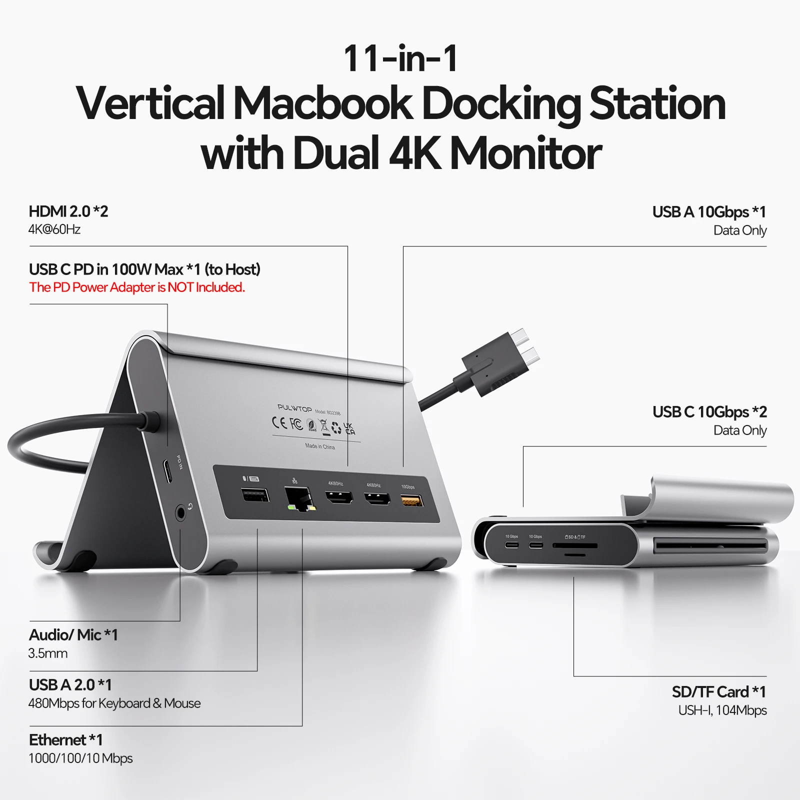 PULWTOP USB C Docking Station Dual Monitor with 2 HDMI, PD,Ethernet, USB A/C 10Gbps, Audio, SD/TF, for MacBook Pro/Air M3/M4/M5