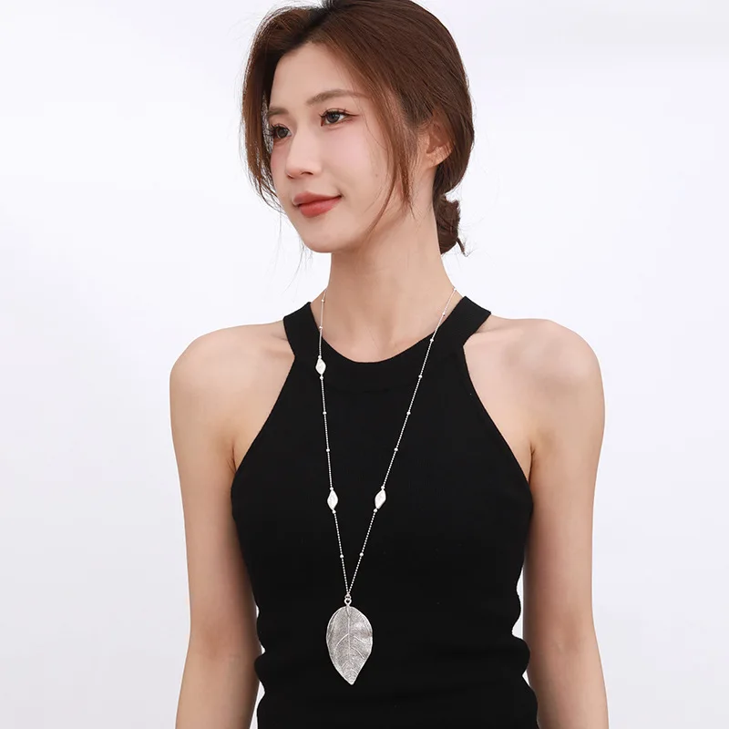 Kaseakia Simple Leaf Alloy Pendant Long Necklace, Sweater Chain Jewelry Accessories  for Women Fashion