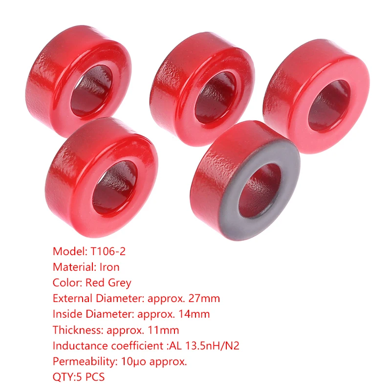 5Pcs 10μo T106-2 Iron Ferrite Toroid Cores For Inductors Iron Powder Core Red Magnetic Ring Low Permeability 27mm*14mm*11mm