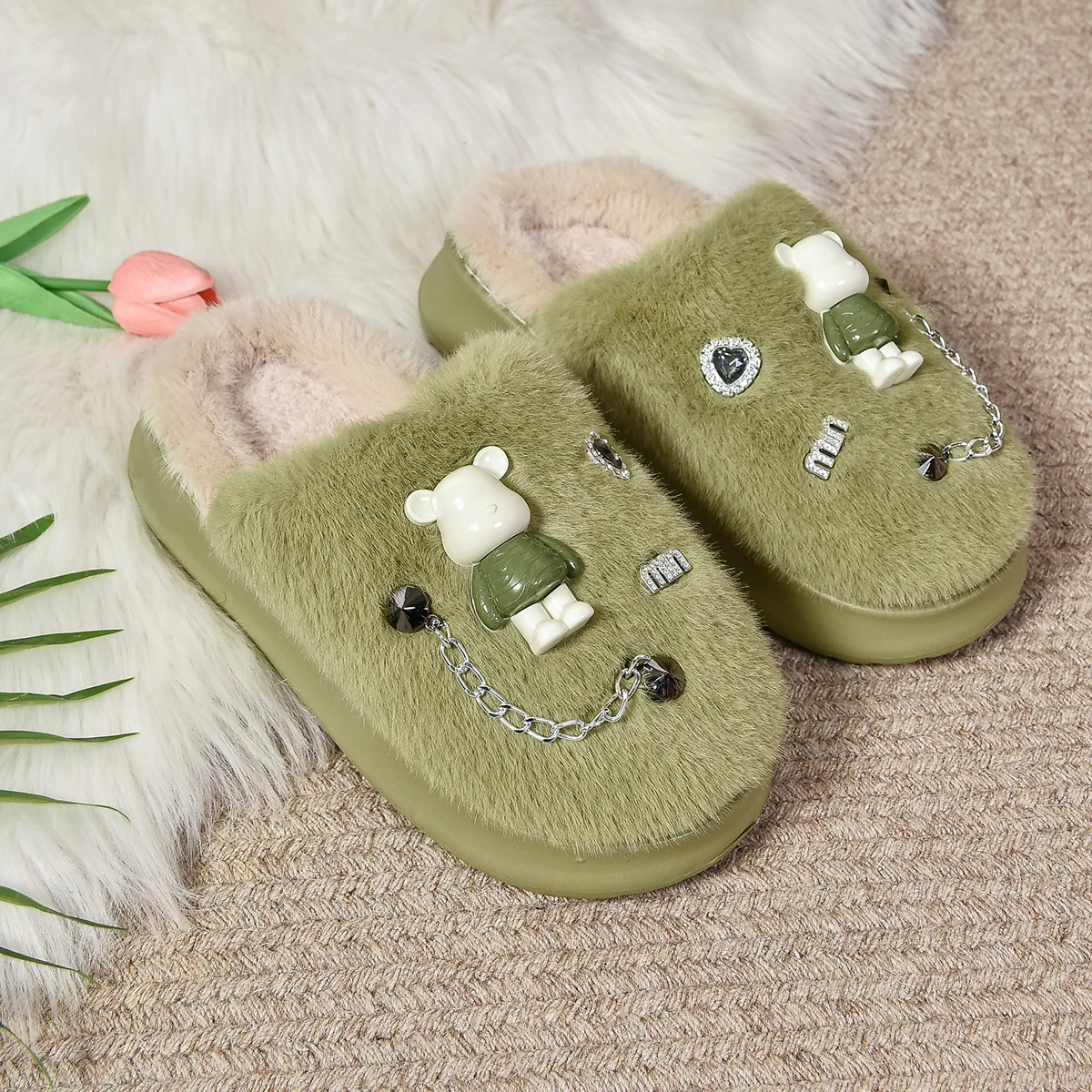 Women Cute Bear Cotton Slippers2024 New Fluffy Furry Women Home Platform Slippers Winter Plush Slides Indoor Lovely Cotton Shoes