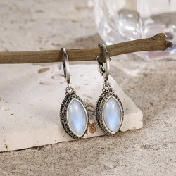 Vintage 925 Sterling Silver Natural Moonstone 6*12mm Drop Earrings Retro Silver Eye Shape Black Onyx Fine Jewelry Gift For Women