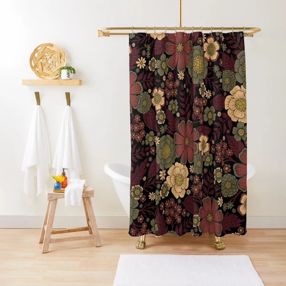 Classy Burgundy, Cream & Sage Green Floral Pattern Shower Curtain Modern Accessory Bathrooms Bathroom Decor Shower Bath Curtain