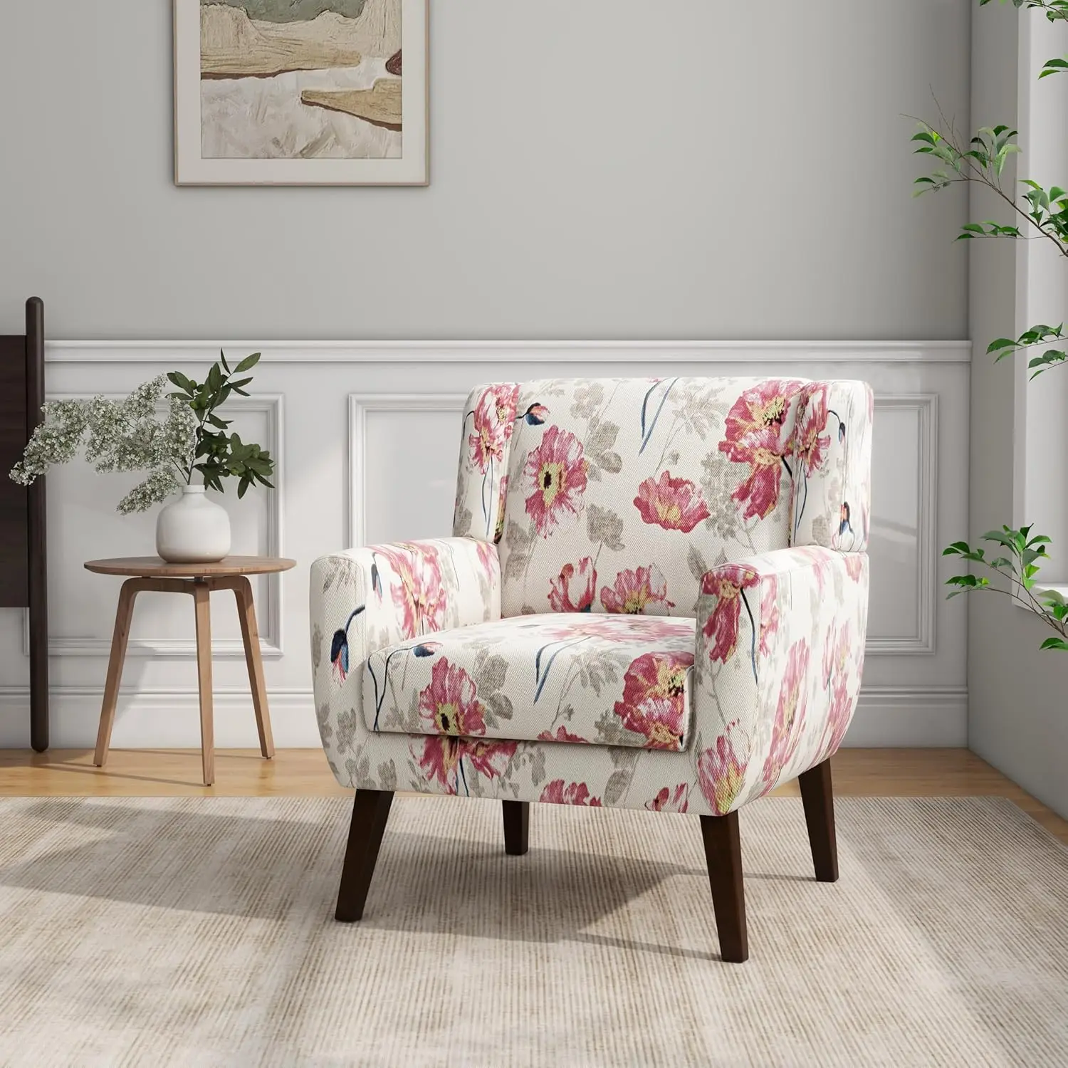 

Modern Linen Accent Chair High-Resilient Sponge Comfy Reading Living Room Bedroom Small Space Floral Pattern Set of 1 Customized