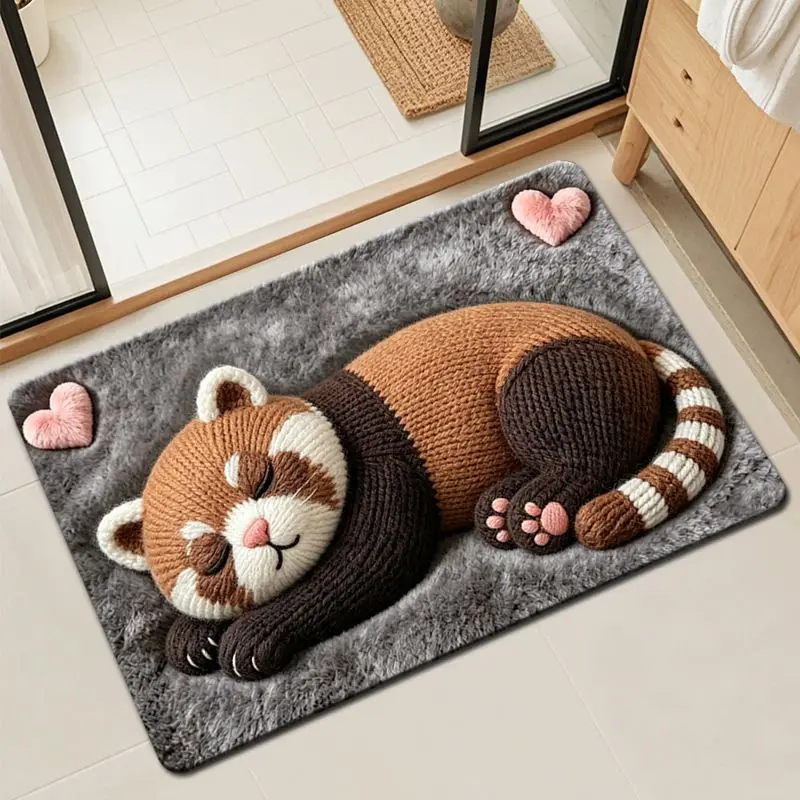 VIKAMA Cute Heart Fluffy Red Panda Floor Mat Anti-slip Washable Doormat for Bathroom Bedroom Entrance Home Decoration