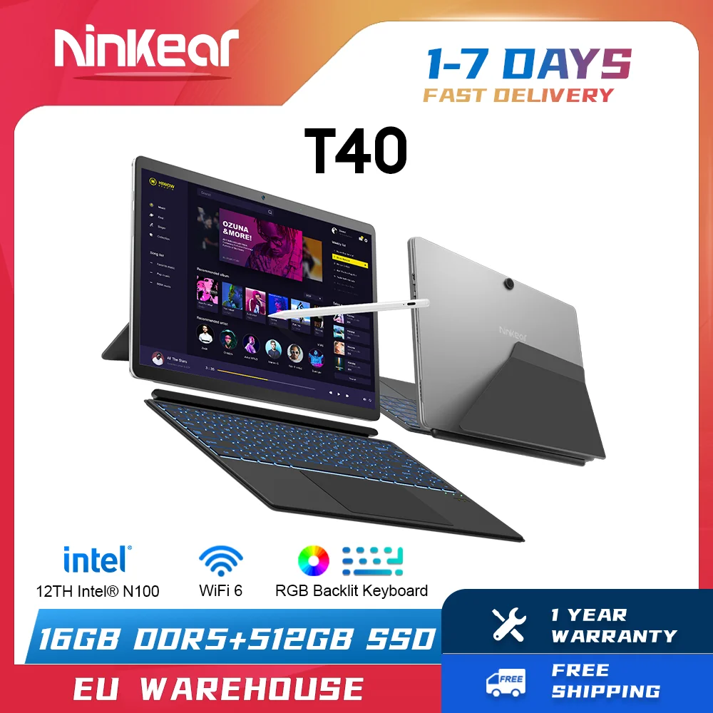 Ninkear-ordenador portátil T40 con pantalla táctil, Tablet 2 en 1, Intel N100, 14 pulgadas, FHD, 16GB, DDR5 + 512GB, SSD, Wifi, 6 RGB, Teclado