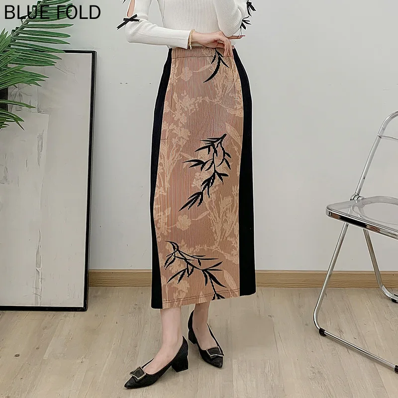 MIYAKE Big Toothpick Thick Material Printed Skirt for Women Autumn Temperament Versatile Wrinkled Elastic Pleated A-line Skirt