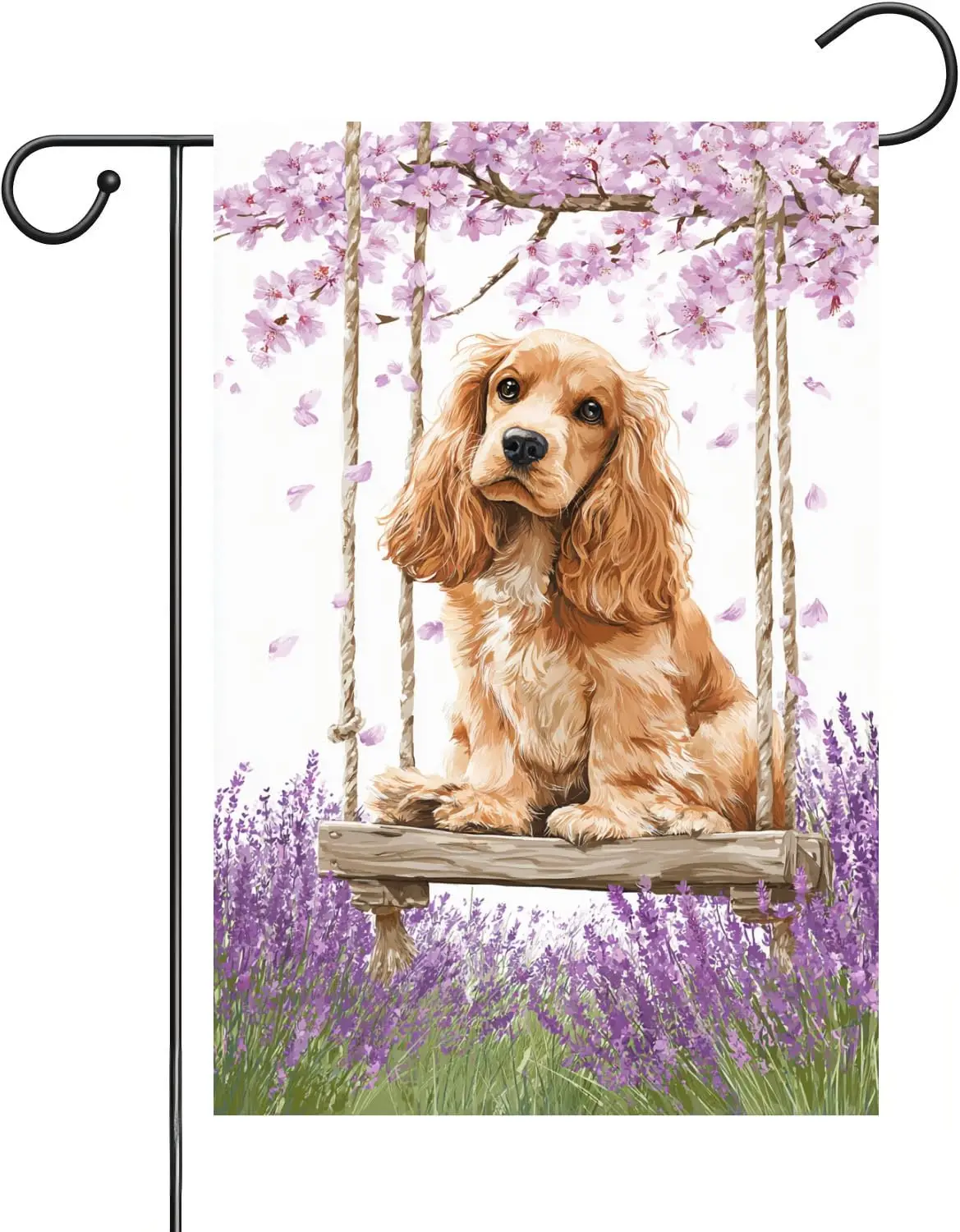 Hello Spring Cocker Spaniel Garden Flag 12x18-Inch Double-Sided Cherry Blossom Swing And Lavender Seasonal Decoration Farmho PPM