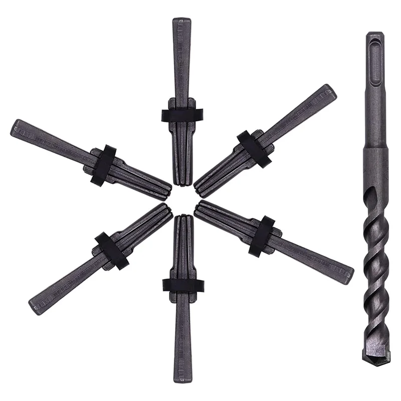 AT19-6PCS Rock Splitting Wedges & 1PCS Rotary Hammer Drill Bit, Tools For Stone & Concrete 14Mm