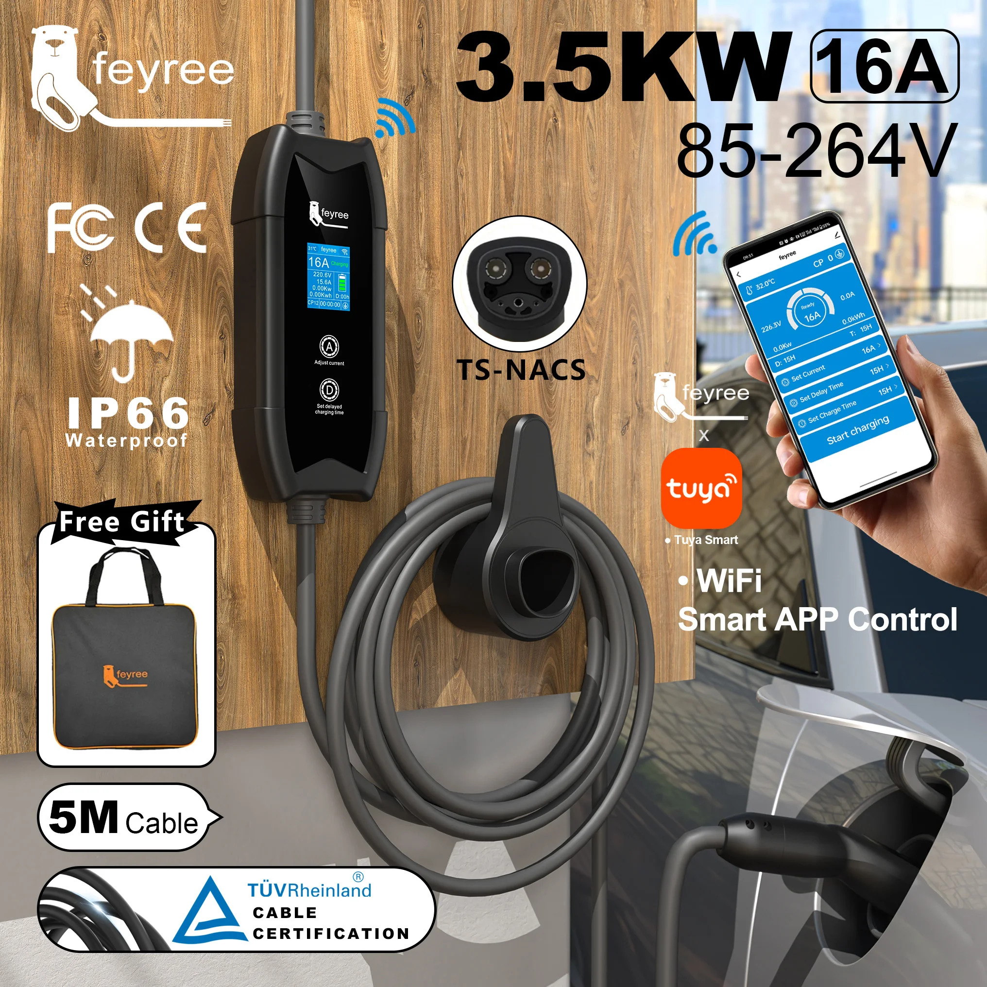 feyree EV Charger TS-NACS Socket 16A 3.5KW APP Control EVSE Portable Charging for Tesla Cars Models 3/Y/S/X Set Charge&DelayTime