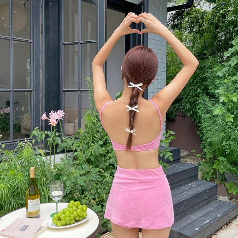 Maillot de bain 3 pièces de Style coréen pour femmes, couleur unie, avec fines bretelles et jupe de hanche, Push-Up, Sexy, pour filles électroniques, nouvelle mode, 2025