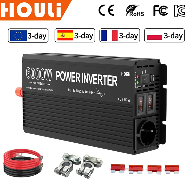 

HOULI inversores solares 3000w 4000w 5000w 6000w onda pura 50hz 12v to 220v przetwornica transformador 24v a 220v eu stock