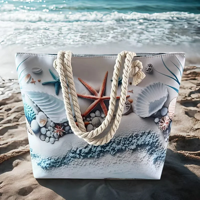 Ocean Element Beach Bag with Starfish and Seashell Prints, Large-Capacity Tote with Rope Handles. A Beautiful Women's Tote Sh