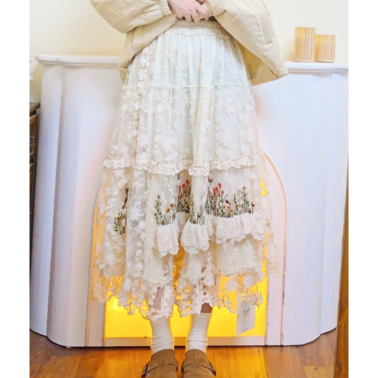 Vintage Winter Fleece Ruffled Lace Embroidery Long Skirt for Women Mori Girl Victorian Rococo Retro Chic Cottage Core Midi Skirt