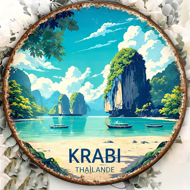 2D Flat Round Sign, Retro Plaque about Phuket Bay in Thailand, Krabi Seaside Scenery Decorative Sign