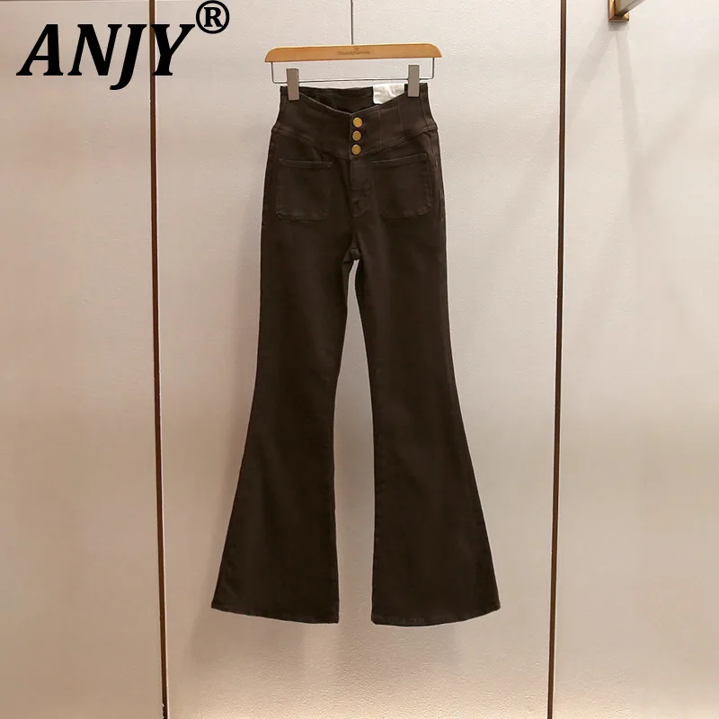 

ANJY Autumn Winter New Women High-End Fashion Slim Fit A-Line High-Waist Flared Jeans Verstile Buttons Pocket Denim Pants A13238