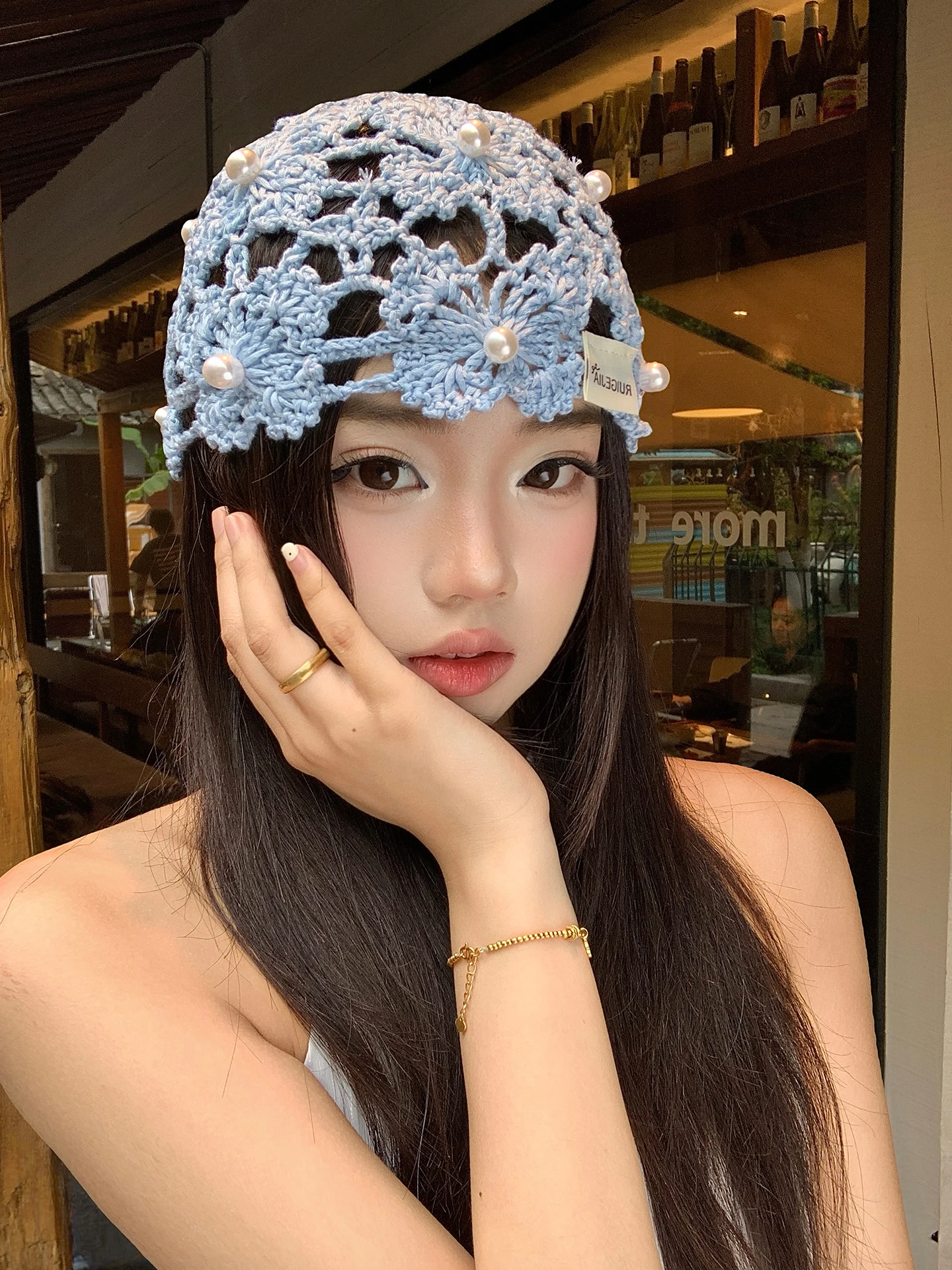 Hand Knitted Pearl Hollow out Women's Summer Thin Breathable Knit Cold Cap Versatile Overhead Hat Casual Style Spring Summer