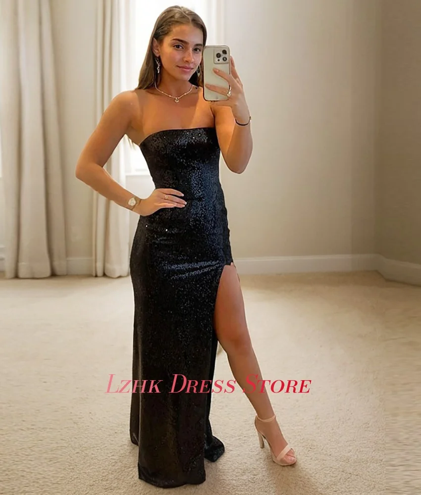 Vestido de noche recto con lentejuelas sexy personalizado, delicado, sin mangas, sin tirantes, hasta el suelo, فستانmavera