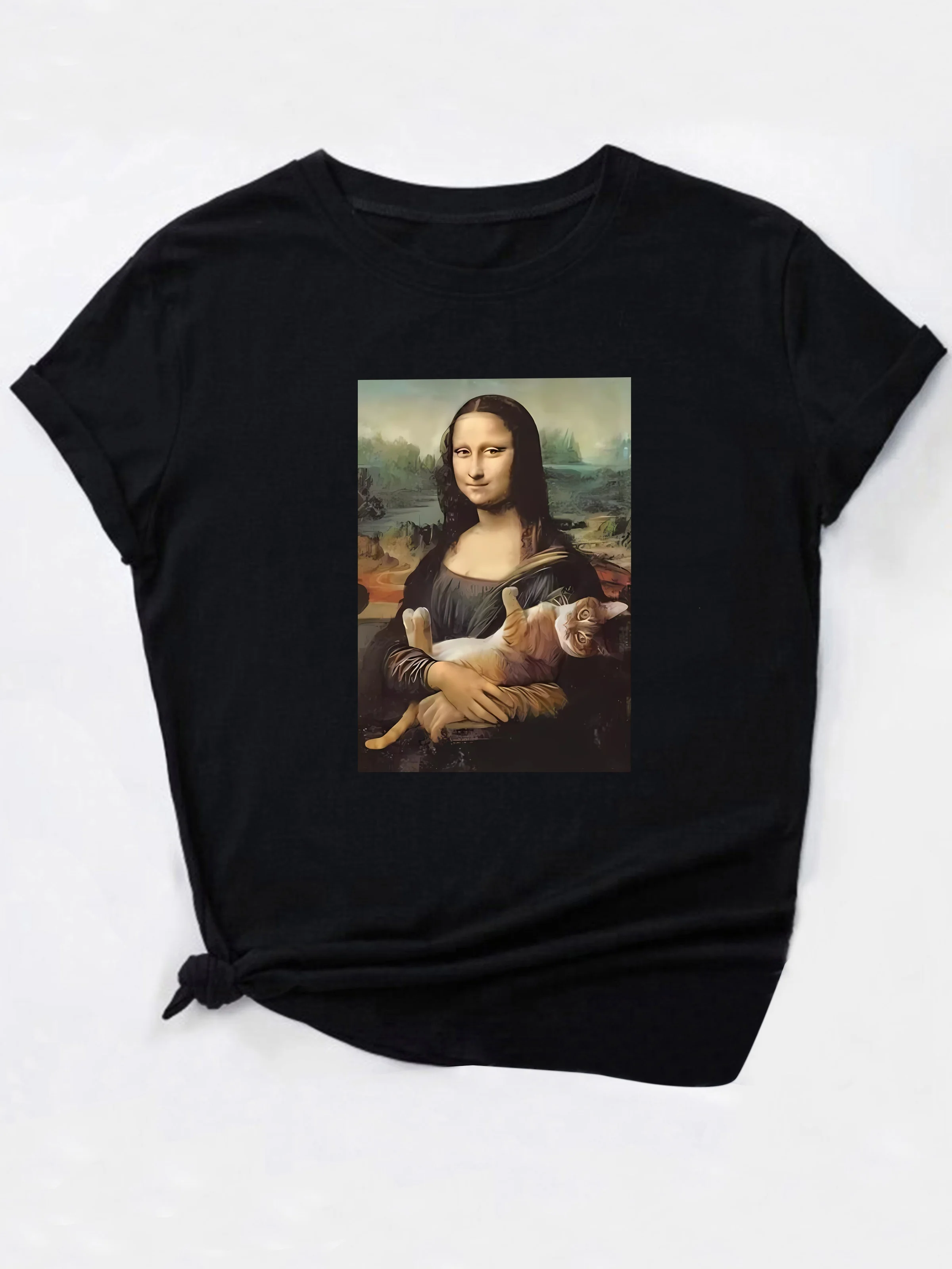 Chic Mona Lisa & Kitten Print T-Shirt for Women Casual Round Neck Short Sleeve Top Breathable Polyester Machine Washable