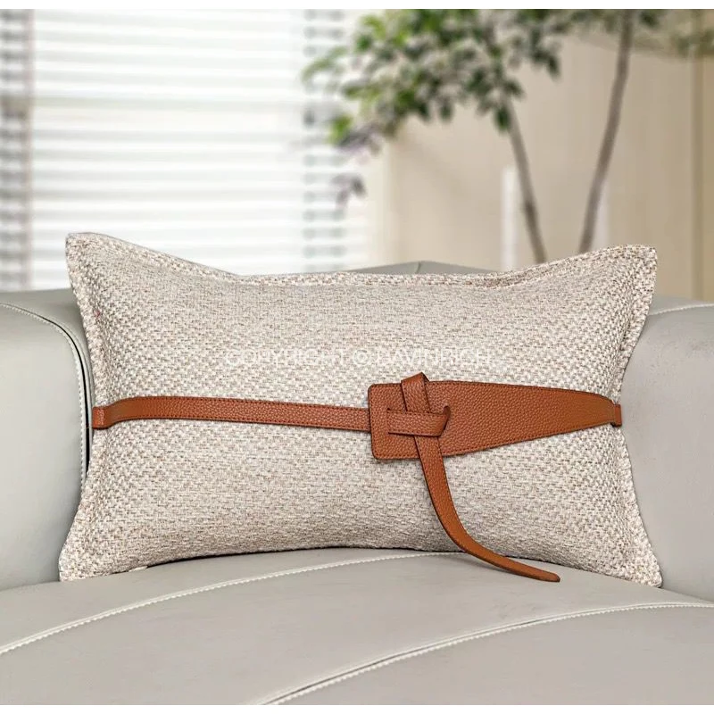 DAVINRICH H Style Decorative Lumbar Pillow Cover Luxury Tow Tie Blet Design Modern Minimalist Waist Cushion Case For Villa Hotel