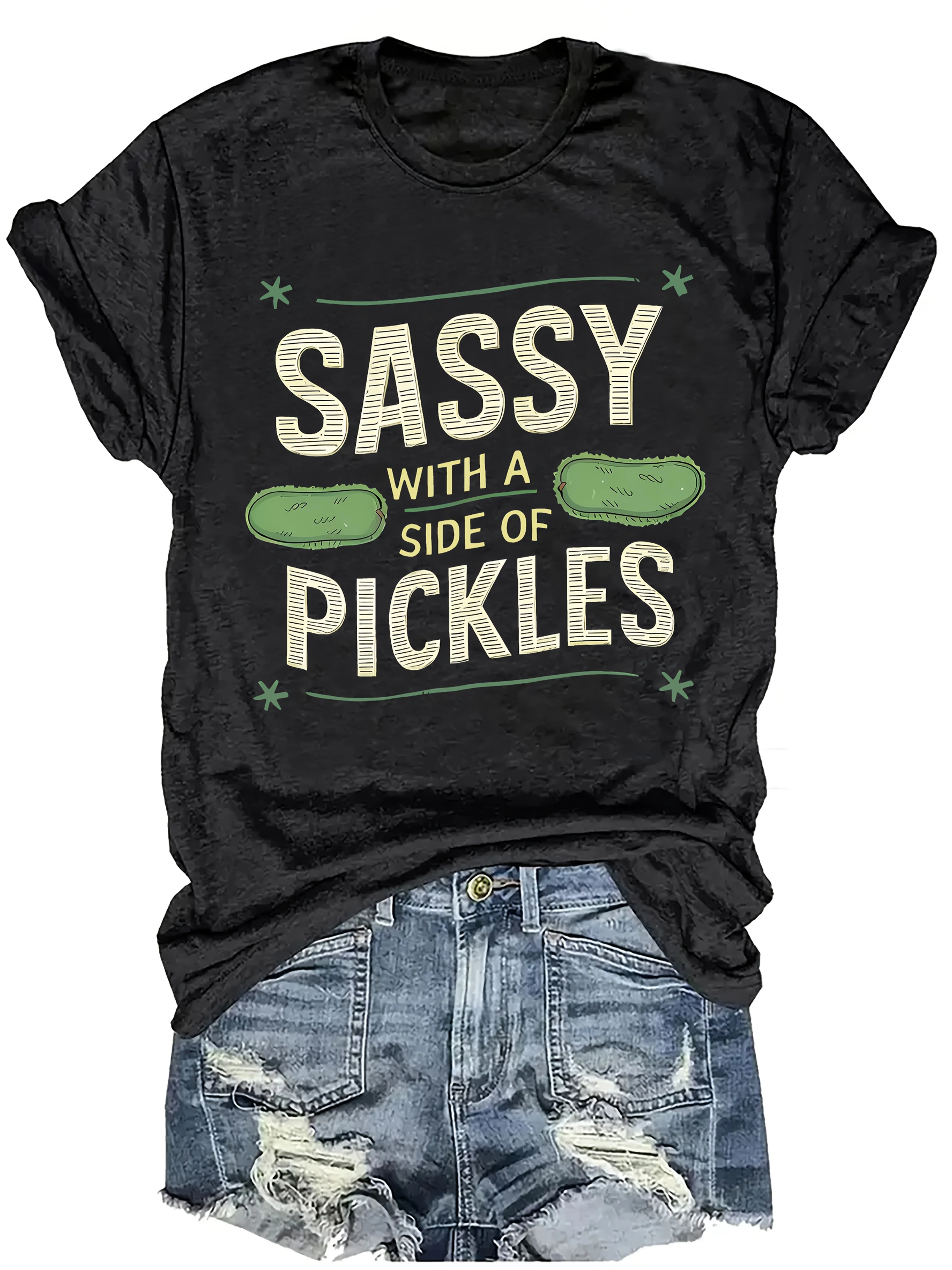 Camiseta divertida con estampado de pepino encurtido, Top informal de manga corta con cuello redondo para verano y primavera, ropa de mujer