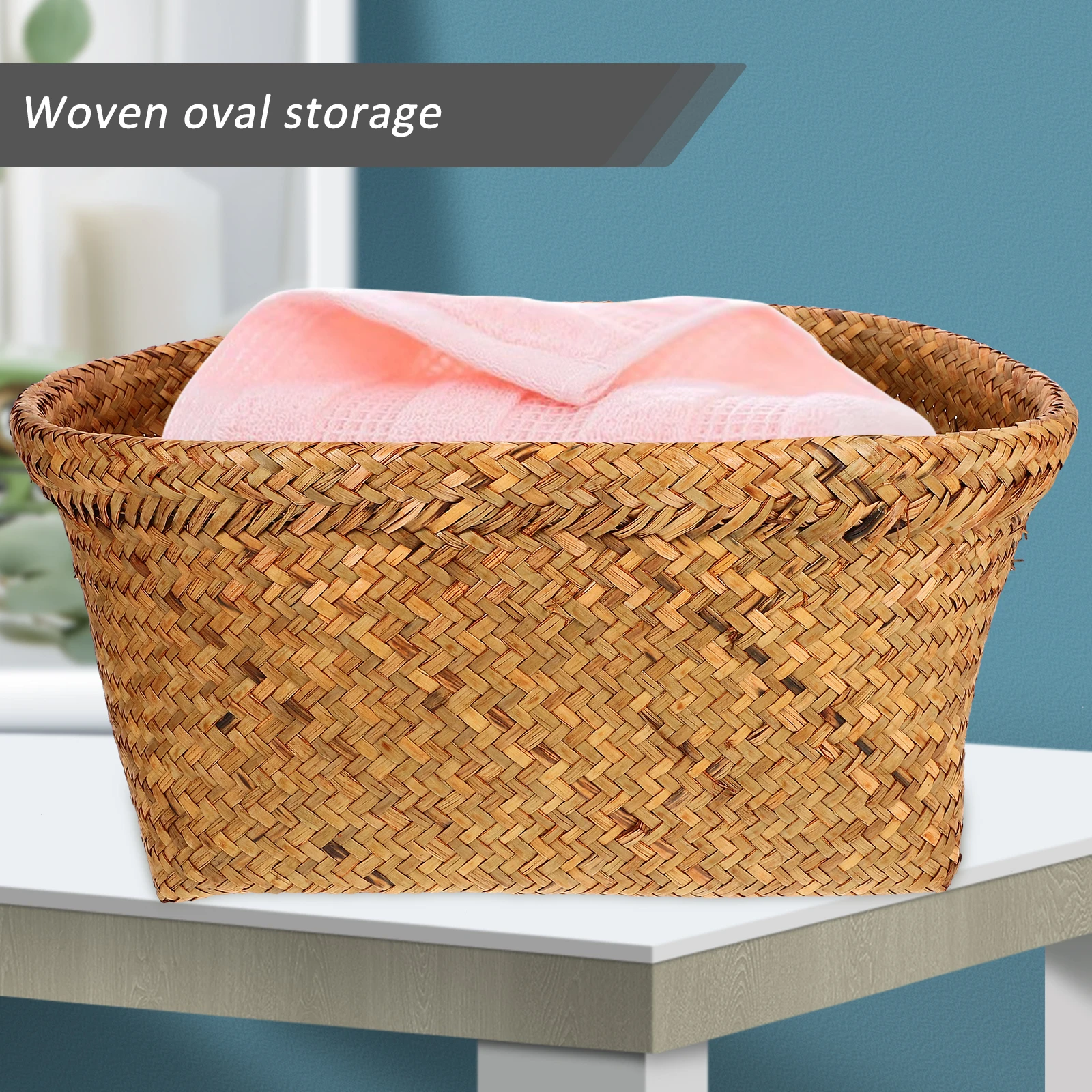 

Multi-Functional Sea Grass Woven Storage Basket Home Organizer Laundry Hamper Desktop Container Lightweight Portable Household