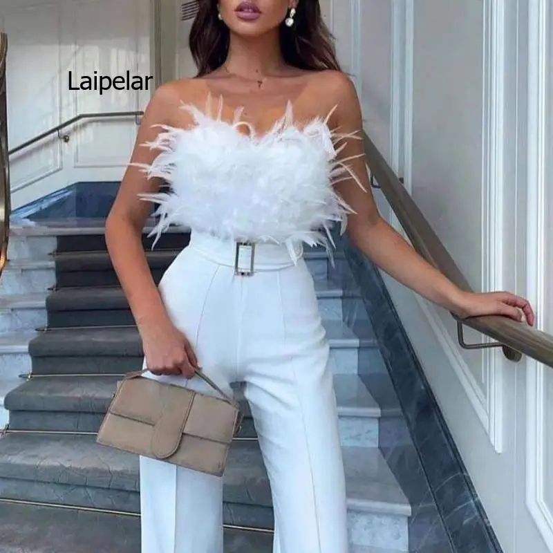 

Women Jumpsuit Elegant Fashion Belt Long Jumpsuit Sexy Feather Tube Top Slim Fashion Party Evening Jumpsuit 2022 Summer