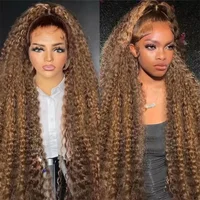 Peluca frontal de encaje rizada 13x4 con reflejos marrones, 13x4 P4/27 con reflejos ombré, onda profunda, 28-30 pulgadas, pelucas de cabello humano con encaje frontal de onda de agua