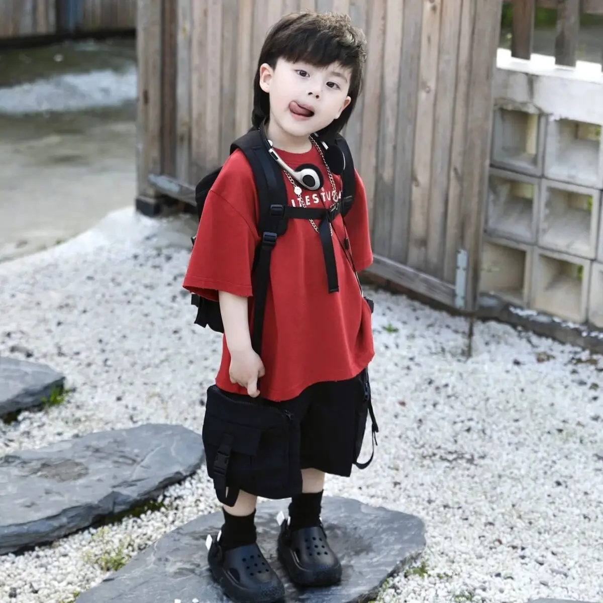 Boys' Summer Set New Fashionable Trendy Children's Red Letter Printed Short Sleeve T-shirt Work Pants Two Piece Set