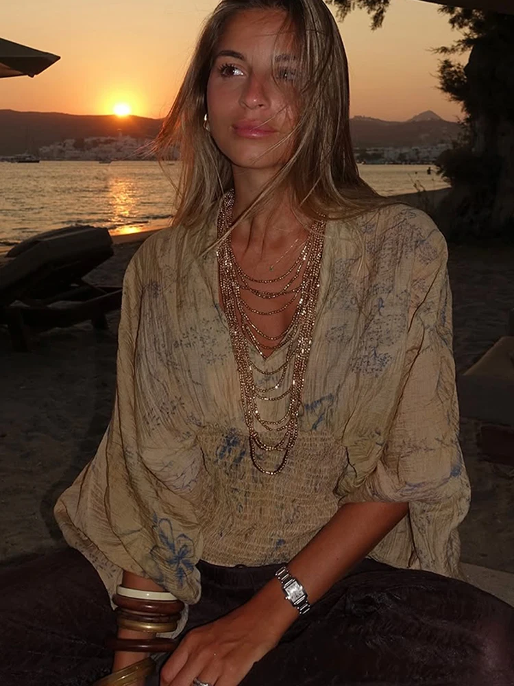 

Women Printed Pleated Batwing Sleeve Blouse Elegant V-neck Waist Cinching Loose Top 2025 New Autumn Lady Daily Street T-shirt