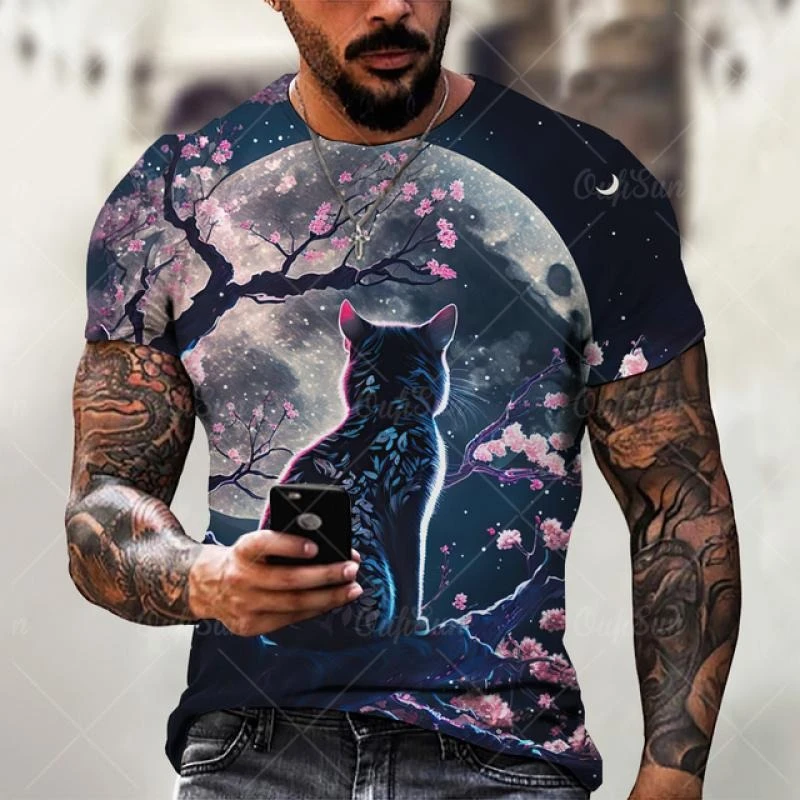 

Ninja Warrior Cat Retro Men's T-shirt Japanese Style Harajuku Trend Streetwear Short Sleeve Leisure T Shirts Summer Fashion Top
