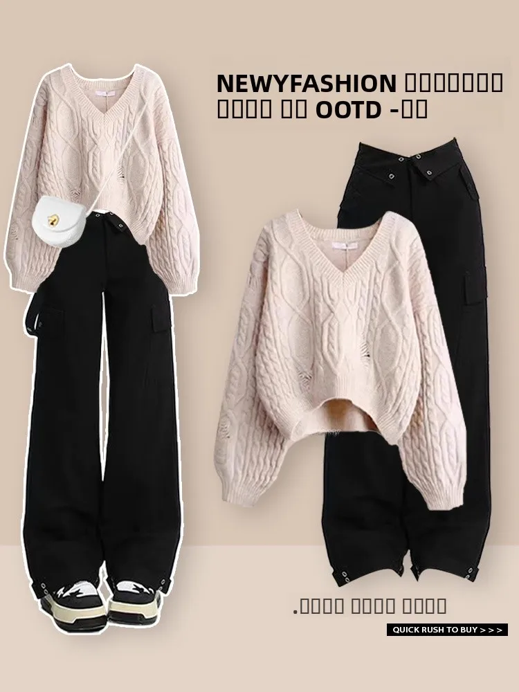 

Женский вязаный свитер с длинным рукавом и брюки с высокой талией для работы, осенняя новинка, свободный крой, V-образный вырез, тонкий, стандартный размер