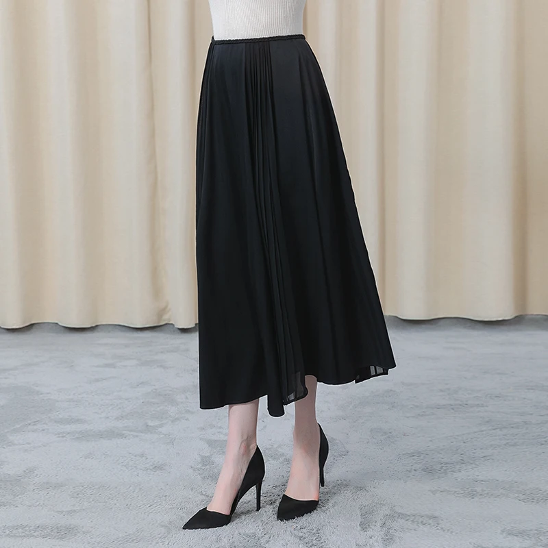 Silk Elastic Twill Natural Waist Braided Hair Decoration Summer Women's Black Skirt 2022 CE80 Long Skirts Female Clothing