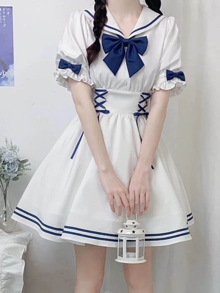 White Japanese Lolita Kawaii Mini Dress Women Bow College Style Sweet Dress Female Naval Leader Korea Elegant Dress Summer 2023